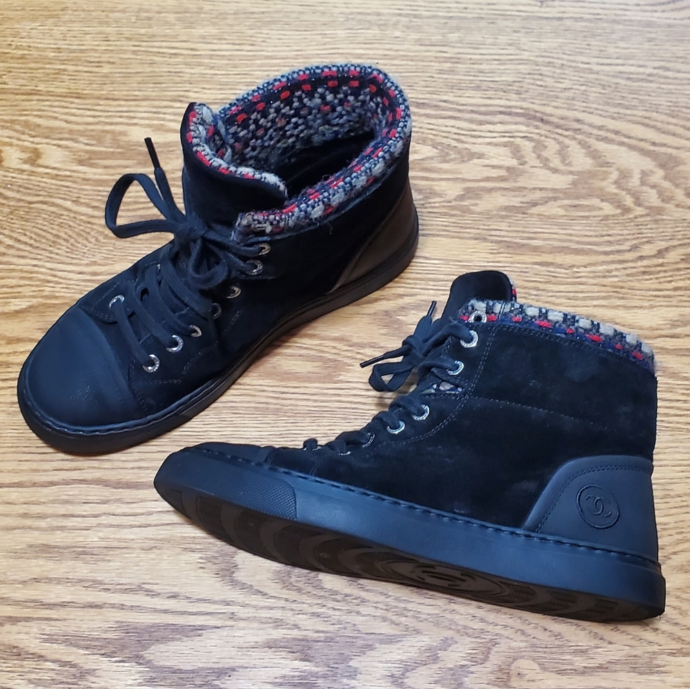 CHANEL 15A Suede Leather Tweed Lace Up High Hi Top Shoes Boots EU 36